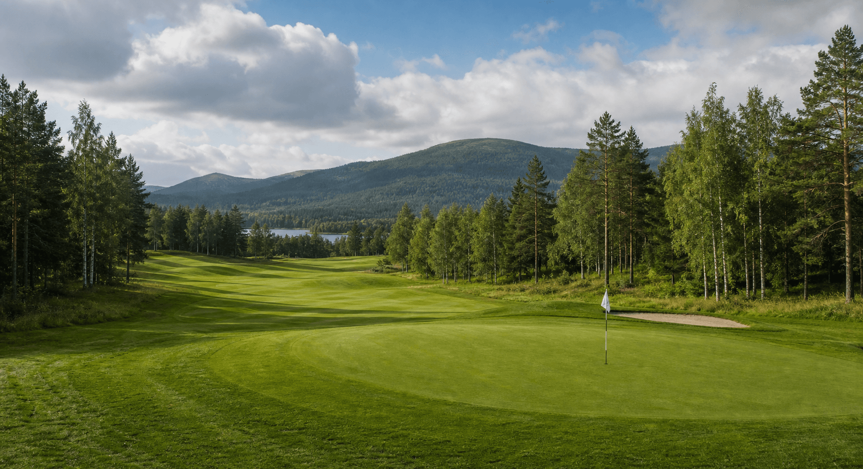 Golfbane med fairway, green og skog